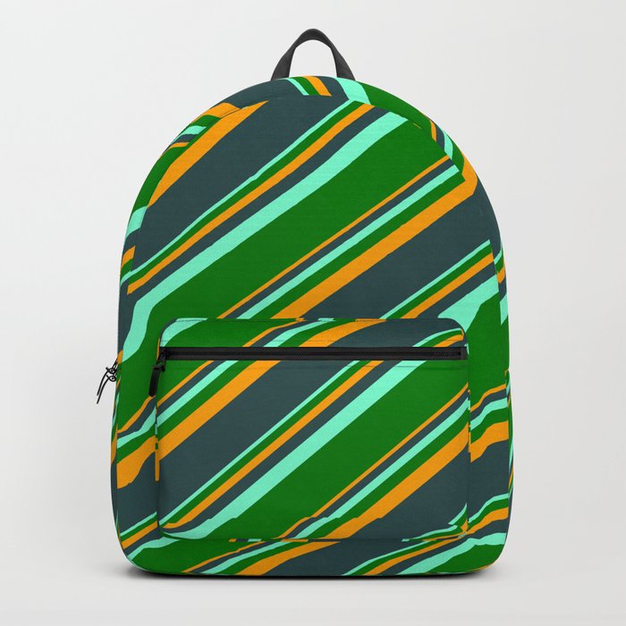Orange, Dark Slate Gray, Aquamarine, and Green Colored Stripes Pattern Backpack