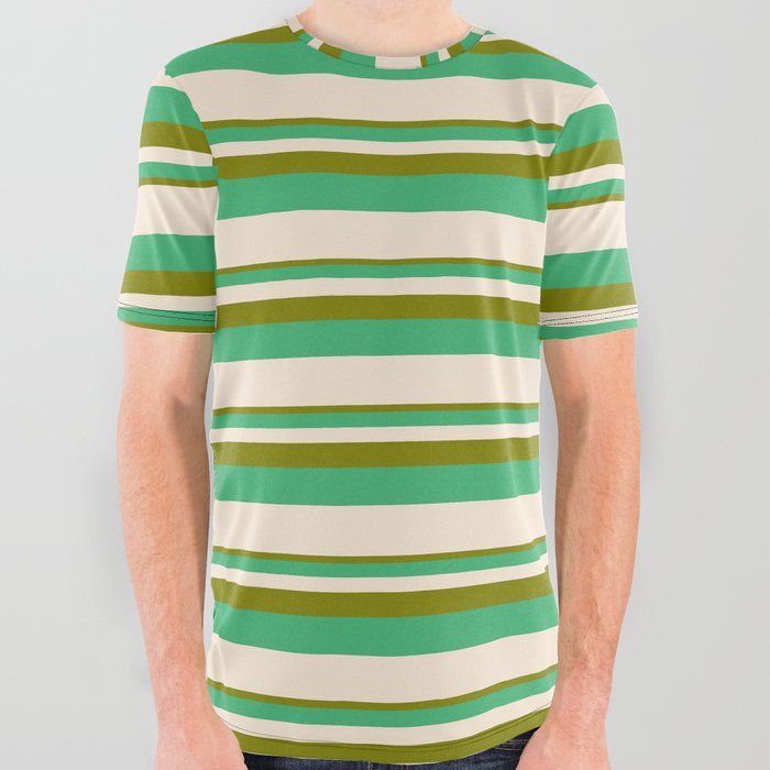 Green, Sea Green, and Beige Colored Lined Pattern All Over Graphic Tee