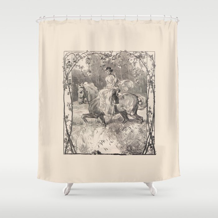 Lady riding a horse in a rose garden  Shower Curtain