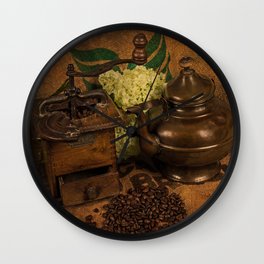 Vintage coffee grinder, pot an beans Wall Clock | Hydrangea, Coffeegrinder, Photo, Gunadesign, Stilllife, Flowers, Jutebrown, Vintagepot, Kitchendecor, Food 