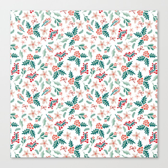 Merry and Bright Mistletoes and Poinsettia flowers on white Canvas Print