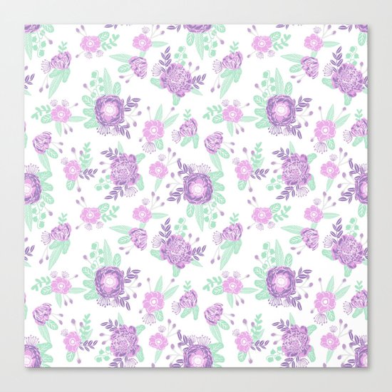 Floral pattern minimal painted nursery mint and purple pastel decor florals Canvas Print