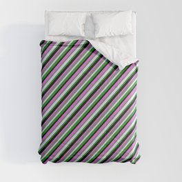 [ Thumbnail: Colorful Orchid, Grey, Lavender, Forest Green, and Black Colored Striped Pattern Comforter ]
