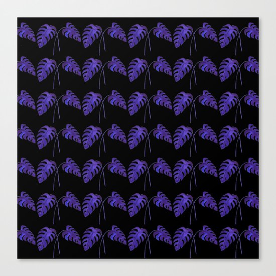 Indigo Monstera Leaf Watercolor on Black Canvas Print