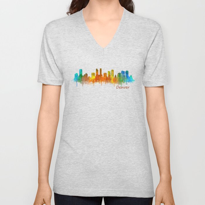 Denver Colorado City Watercolor Skyline Hq v2 V Neck T Shirt
