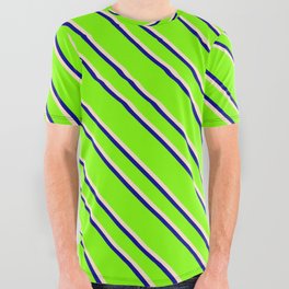 [ Thumbnail: Chartreuse, Bisque & Dark Blue Colored Lined/Striped Pattern All Over Graphic Tee ]