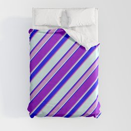 [ Thumbnail: Dark Violet, Plum, Light Cyan & Blue Colored Lined/Striped Pattern Duvet Cover ]