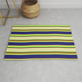 [ Thumbnail: Pale Goldenrod, Light Green, Midnight Blue & Dark Goldenrod Colored Lined/Striped Pattern Rug ]
