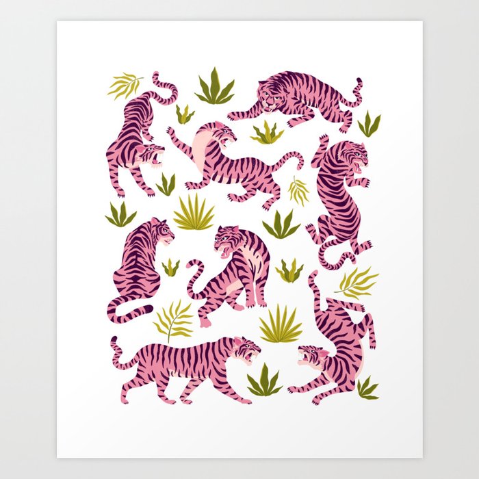 Pink tigers and tropical leaves. Art Print