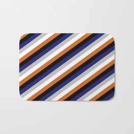 [ Thumbnail: Grey, White, Chocolate, Black & Midnight Blue Colored Lined/Striped Pattern Bath Mat ]