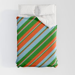 [ Thumbnail: Red, Sky Blue, and Green Colored Stripes/Lines Pattern Duvet Cover ]