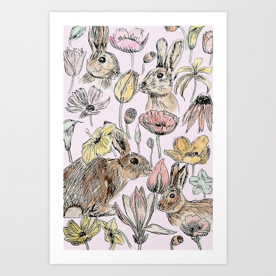 rabbits and flowers with color Art Print