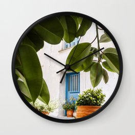 Colorful Greek Street | Potted Plants and Blue Doors in the Old Town on Naxos, Greece, Europe Wall Clock