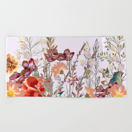 Spring field pattern with poppy and cosmos flowers Beach Towel
