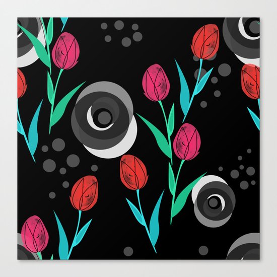 Abstract floral pattern tulips. Black background . Canvas Print