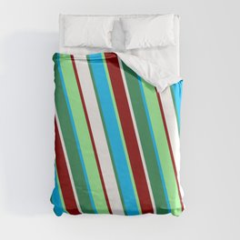 [ Thumbnail: Vibrant Green, Deep Sky Blue, Sea Green, White & Dark Red Colored Lines Pattern Duvet Cover ]