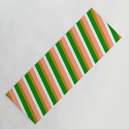 [ Thumbnail: Dark Goldenrod, Light Salmon, Mint Cream, and Green Colored Pattern of Stripes Yoga Mat ]