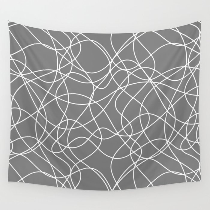 Funky Line Art White Scribble Lines on Gray Wall Tapestry