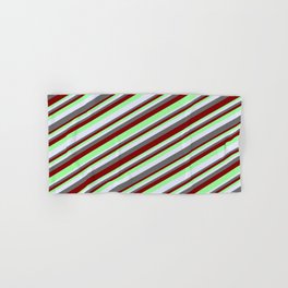 [ Thumbnail: Maroon, Green, Lavender, and Dim Gray Colored Lined Pattern Hand & Bath Towel ]