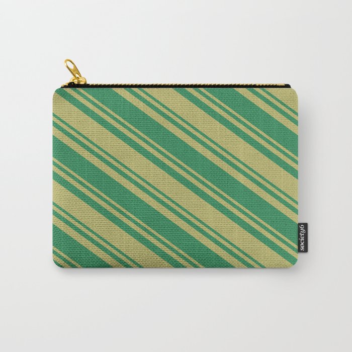 Dark Khaki & Sea Green Colored Striped Pattern Carry-All Pouch