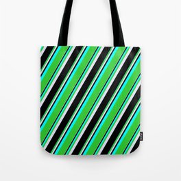 [ Thumbnail: Cyan, Lime Green, Lavender, and Black Colored Pattern of Stripes Tote Bag ]