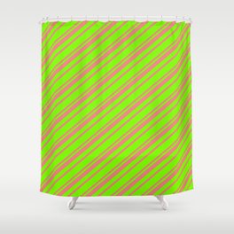 [ Thumbnail: Green and Light Coral Colored Striped Pattern Shower Curtain ]