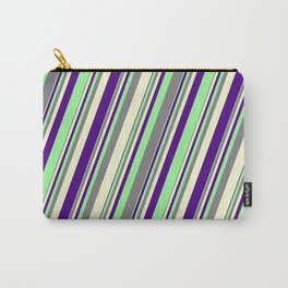 [ Thumbnail: Grey, Light Yellow, Indigo, and Green Colored Lines/Stripes Pattern Carry-All Pouch ]