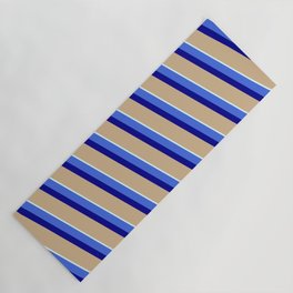 [ Thumbnail: Royal Blue, Dark Blue, Tan & Light Cyan Colored Stripes/Lines Pattern Yoga Mat ]