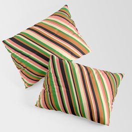 [ Thumbnail: Eye-catching Salmon, Beige, Forest Green, Chocolate, and Black Colored Lines/Stripes Pattern Pillow Sham ]