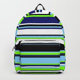 [ Thumbnail: Colorful Light Sky Blue, Chartreuse, Midnight Blue, White & Black Colored Striped/Lined Pattern Backpack ]