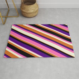 [ Thumbnail: Colorful Indigo, Hot Pink, Beige, Chocolate & Black Colored Lined Pattern Rug ]
