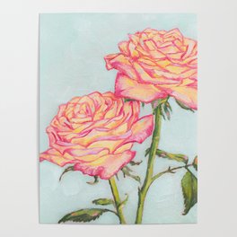 Pink and Blue Still Life Roses Poster