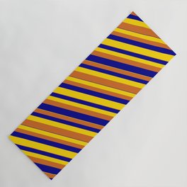 [ Thumbnail: Dark Blue, Yellow, and Chocolate Colored Striped/Lined Pattern Yoga Mat ]