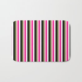 [ Thumbnail: Colorful Deep Pink, Pink, Dark Olive Green, Black, and White Colored Lined Pattern Bath Mat ]