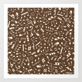 Antique White Musical Notation Pattern on Dark Brown Art Print