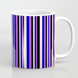 [ Thumbnail: Orchid, Blue, Beige & Black Colored Lines Pattern Coffee Mug ]