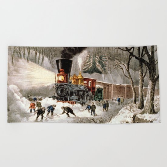 Snow Bound: Vintage Railroad Scene Beach Towel