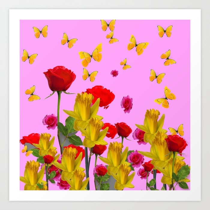 Decorative Yellow Butterflies Red Roses Daffodils Spring Flowers Art Print By Sharlesart