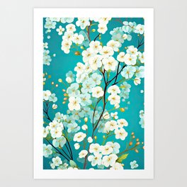 Aqua Blue and White Baby's Breath Flower Floral Pattern Art Print