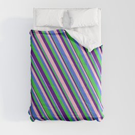 [ Thumbnail: Pink, Royal Blue, Lime Green, and Indigo Colored Lined/Striped Pattern Comforter ]