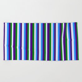 [ Thumbnail: Blue, Lavender, Green, and Indigo Colored Pattern of Stripes Beach Towel ]