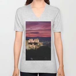 Winter sunset. The Alhambra Palace. Beautiful red clouds at sunset. V Neck T Shirt