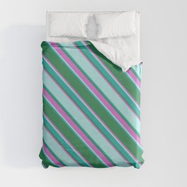 [ Thumbnail: Sea Green, Orchid, Turquoise & Light Sea Green Colored Lined Pattern Duvet Cover ]