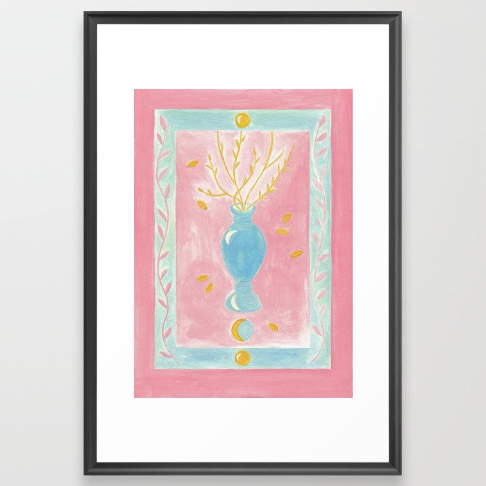 Blue vase on pink background Framed Art Print