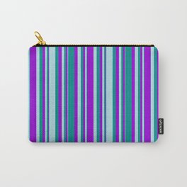 [ Thumbnail: Dark Violet, Dark Cyan, and Powder Blue Colored Lines/Stripes Pattern Carry-All Pouch ]