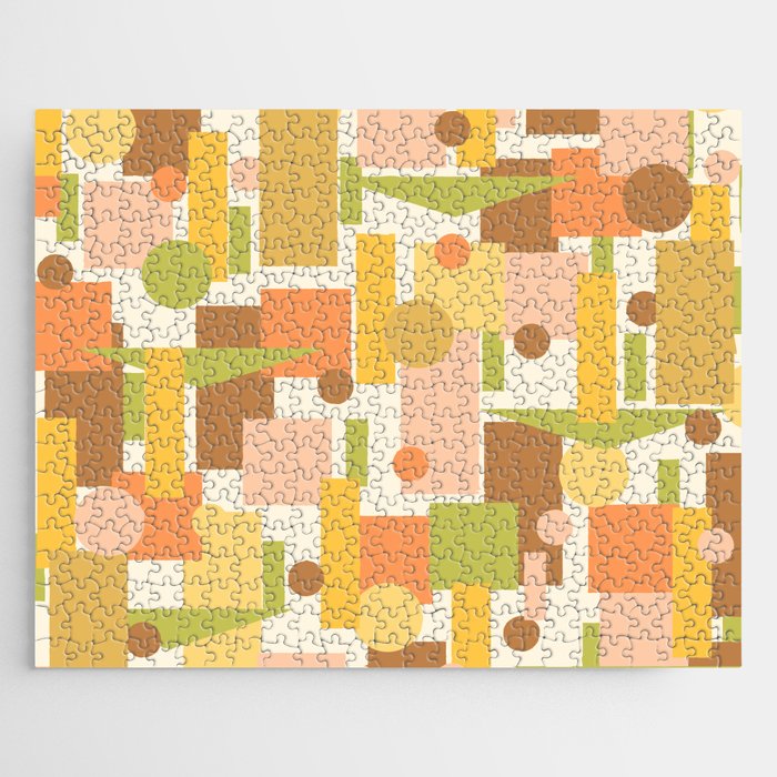 Mid-Century Modern Geometrica Pattern in Retro Lime Green, Mustard, Orange, Brown, and Cream Jigsaw Puzzle
