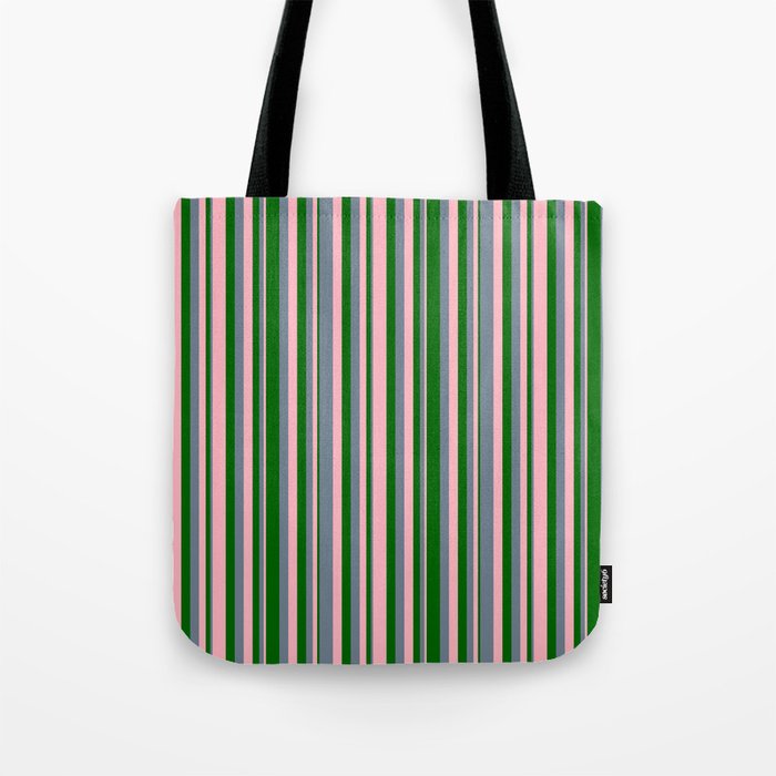 Light Pink, Slate Gray & Dark Green Colored Pattern of Stripes Tote Bag