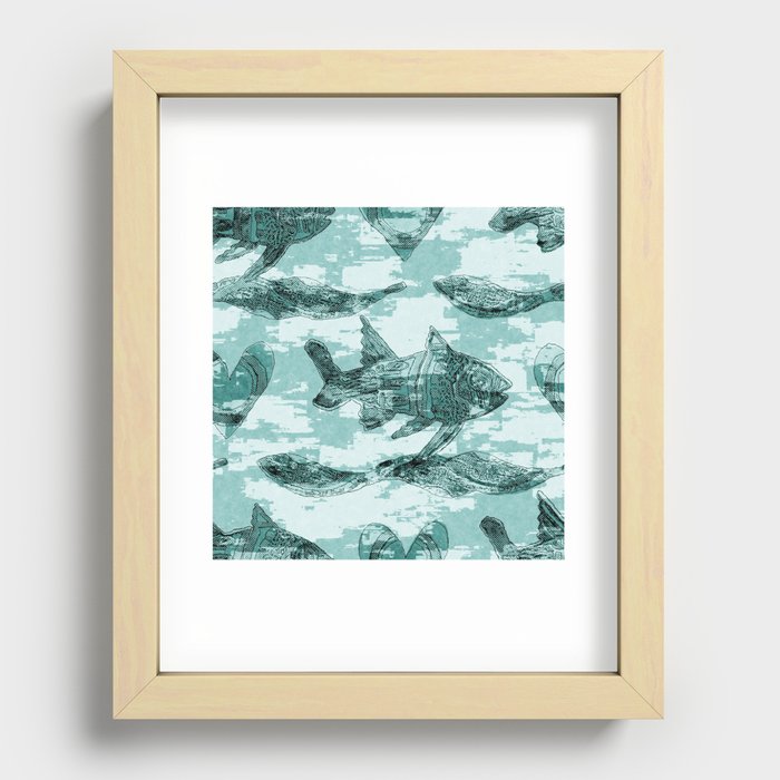 Teal Blu Watercolor Fish Under the Sea Coastal Marine Pattern. Rustic Wet Wash Beach Decor Design 1  Recessed Framed Print
