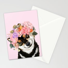 Black Shiba Inu with Flower Crown Pink Stationery Card