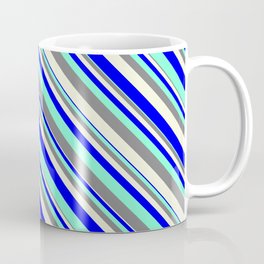 [ Thumbnail: Aquamarine, Grey, Beige & Blue Colored Pattern of Stripes Coffee Mug ]